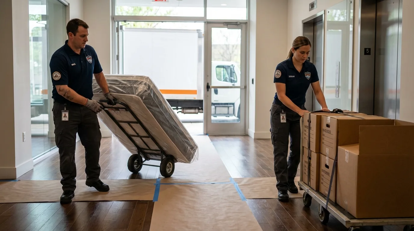 Professional apartment movers loading elevator in Westcliffe, CO